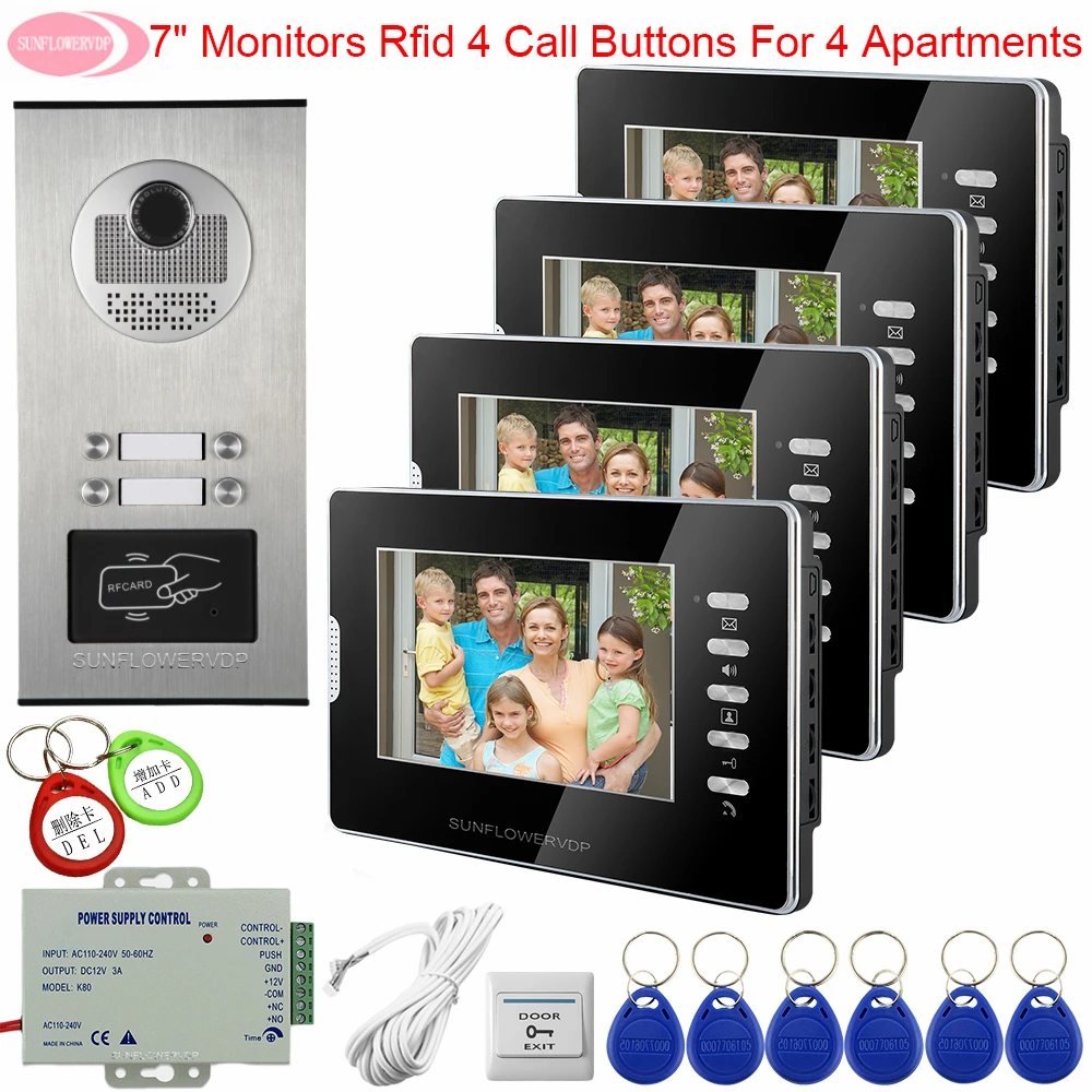 7\ Video Doorbell With Monitor White / Black 4 Monitors Video Door Phone Access Control Intercom For a Private House System Unit