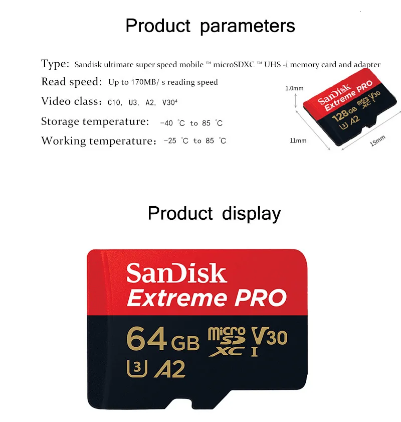 SanDisk Extreme PRO Micro SD карта скорость чтения 170 МБ/с./с 128 Гб 64 Гб U3 V30 A2 32 Гб A1 карта памяти SDXC флэш-карта TF карта 4K UHD