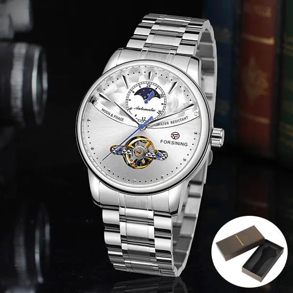 SilverWhiteBox FORSINING Топ бренд класса люкс Мода Tourbillon Мужские часы механические Автоматические наручные часы для мужчин часы Relogio Masculino - Цвет: SilverWhiteBox