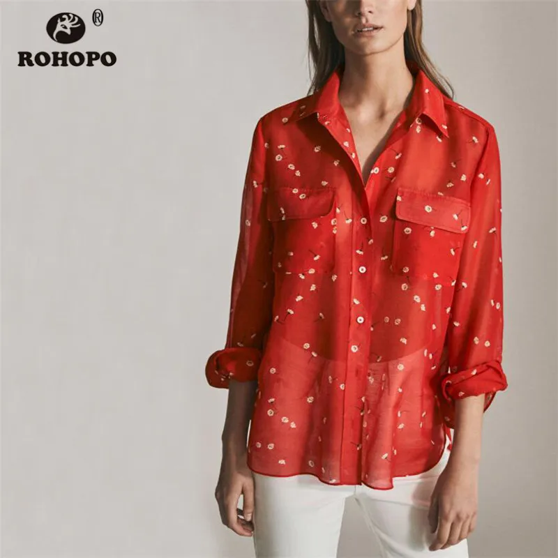 

ROHOPO Women Long Sleeve Floral Red Blouse Round Edge Slip Side Top Pockets Chic Ladies Printed Top Shirt #9220
