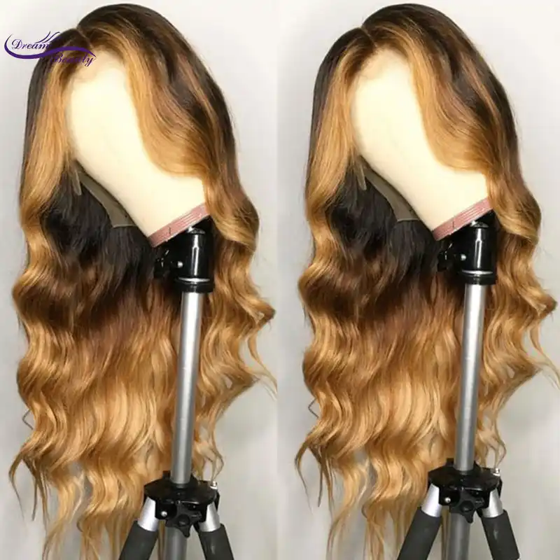 Brazilian Remy Hair Lace Front Wig Wavy Ombre Blonde Highlights