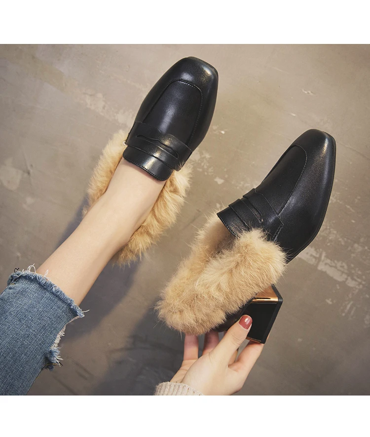 square toe small leather shoes white soft leather fur shoes woman slip on moccasins brand chunky women espadrilles warm loafers