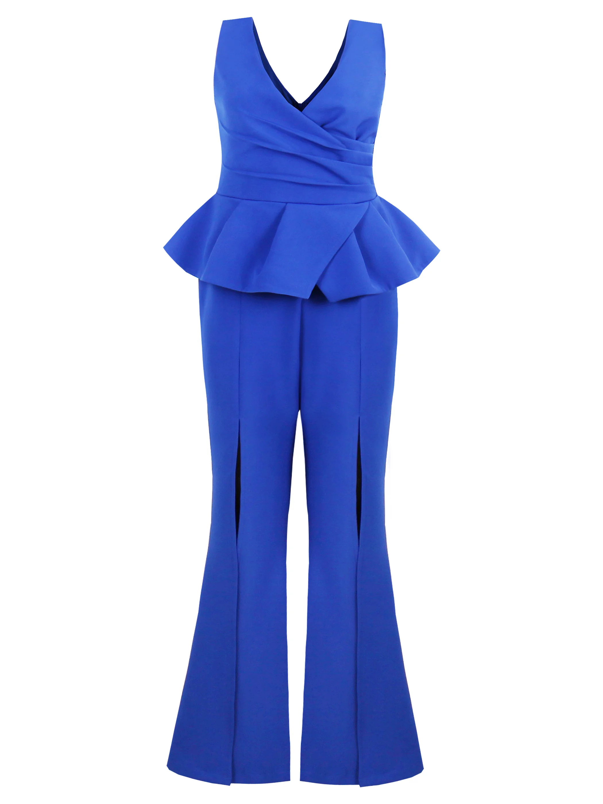

Women Sexy Jumpsuit Summer Elegant Flare Pants Blue Fashion Slim Bellbottoms Backless Patchwork Ruffles Female Office Rompers
