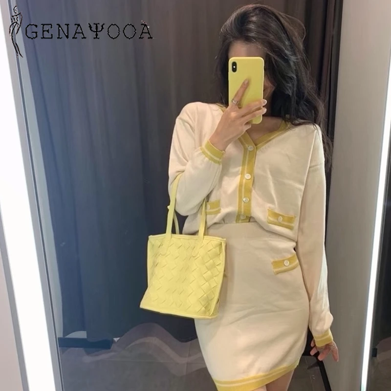 

Genayooa Autumn Spring Vintage 2 Piece Set Women Knitted Two Piece Set Skirt Women Suit 2019 Fashion Women Clother