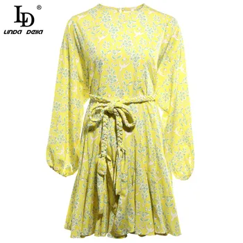

LD LINDA DELLA Fashion Designer Autumn Mini Dress Women Long Sleeve Lacing Printed Female Casual Bohemian Beach Dress Vestidos
