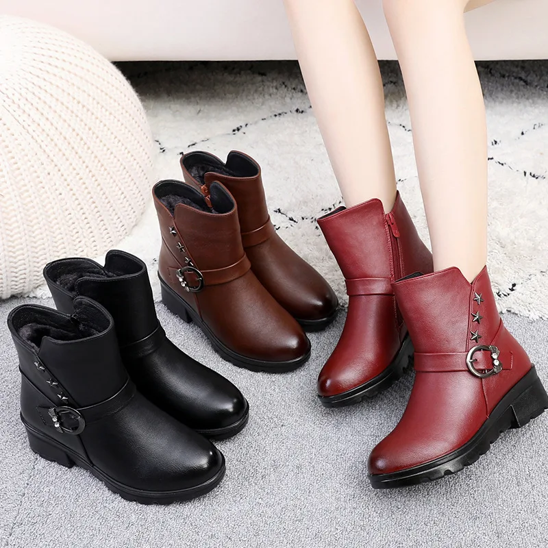 

2019 Cotton-padded Shoes Cotton-padded Shoes Warm Winter plus Velvet Mom Winter Mid-top Chunky-Heel Women's Large Size round-Toe
