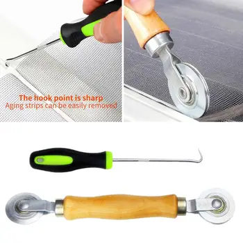 

2pcs Reusable Door Window Screen Rolling Tool Set Roller Home Security For Installing Steel Wheel Wooden Handle Hook DIY Durable