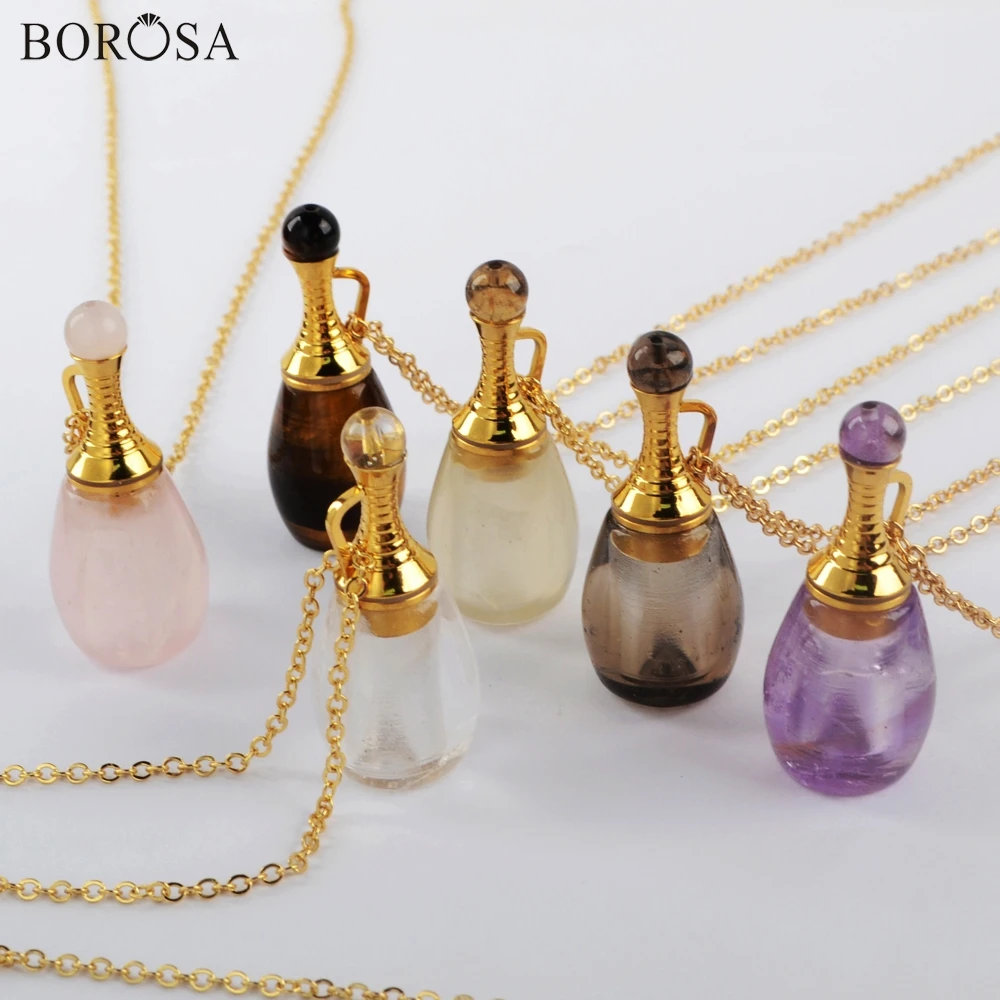 

BOROSA 3Pcs 26inch Gild Multi-kind Natural Gems Stone Charm Perfume Bottle Necklace White Quartz Perfume Diffuser WX1221-N