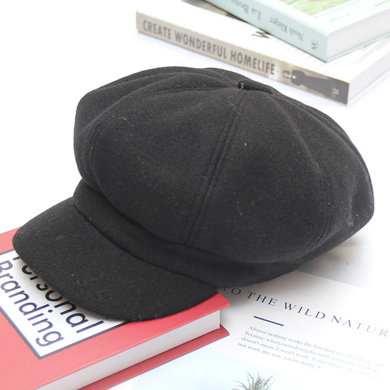 FS однотонная восьмиугольная кепка Newsboy, женская повседневная шерстяная шапка, Зимний берет для женщин, шапка для художника, Осенние Зимние шапки для женщин - Цвет: Black