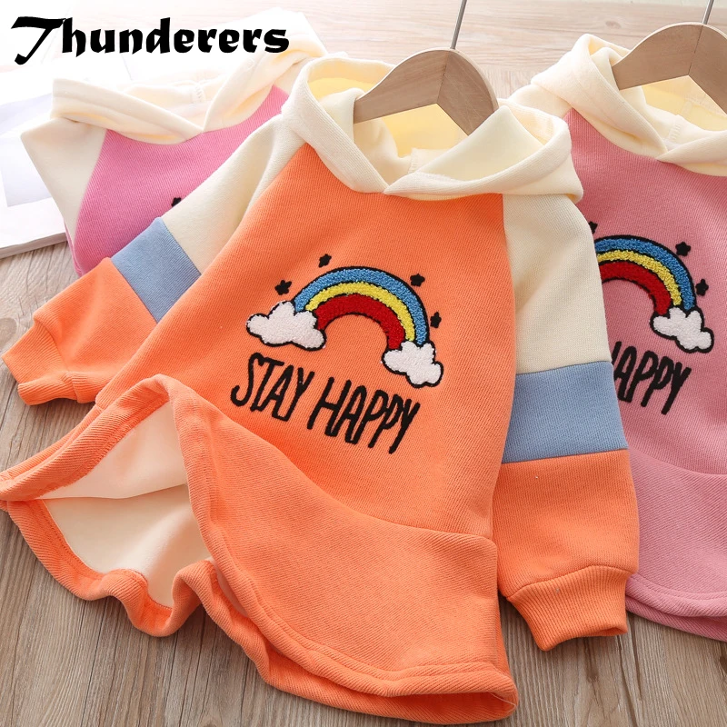 Детское платье с вышивкой «Thunderers»; плотное платье принцессы с капюшоном и длинными рукавами для девочек; сезон осень-зима; Детский свитер; одежда