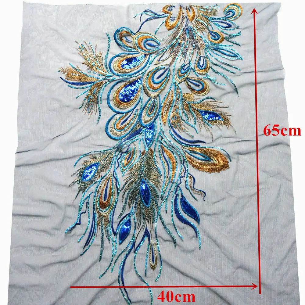 Red Blue Sequins Embroidered Phoenix Peacock Appliques Patches Mesh Lace Sew on Clothing