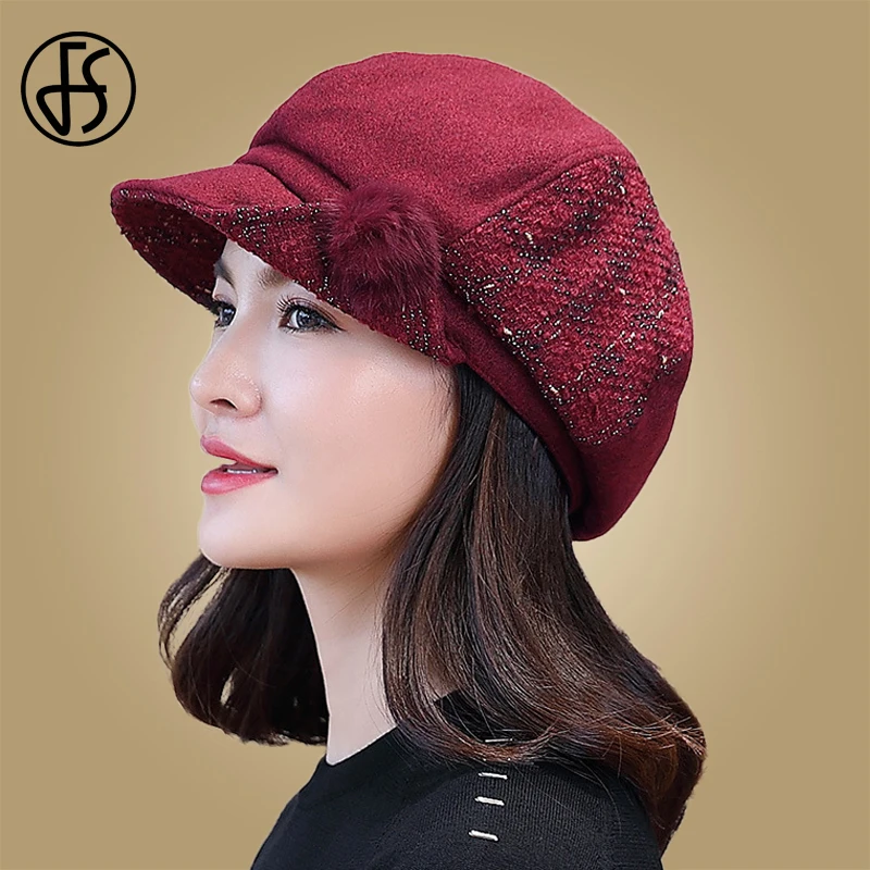 Женский восьмиугольный берет FS черная шерстяная шапка художника газетчика