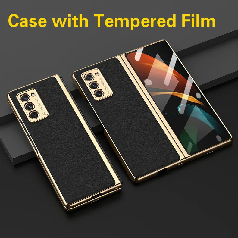 Luxury Case for Samsung GalaxyZ Fold2 5G All-inclusive Metal Edging Tempered Glass Retro Leather Cover for Galaxy Z Fold 2 Case