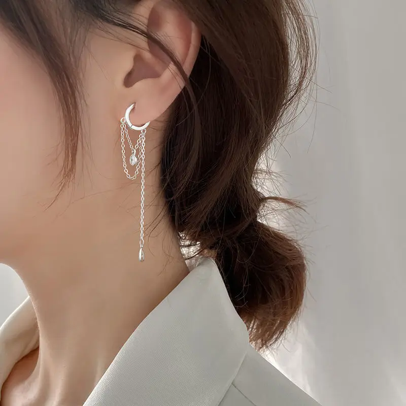 Hoop Earrings Elegant Temperament Silver Color Long Tassel Water Drop Shape Cubic Zirconia For Women Jewelry Gift