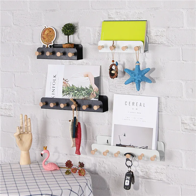 

U-Shape Iron Key Storage Rack Wood Key Hook Rails Wall Hanging Key Storage Shelf Letter Sundries Organizer Holders