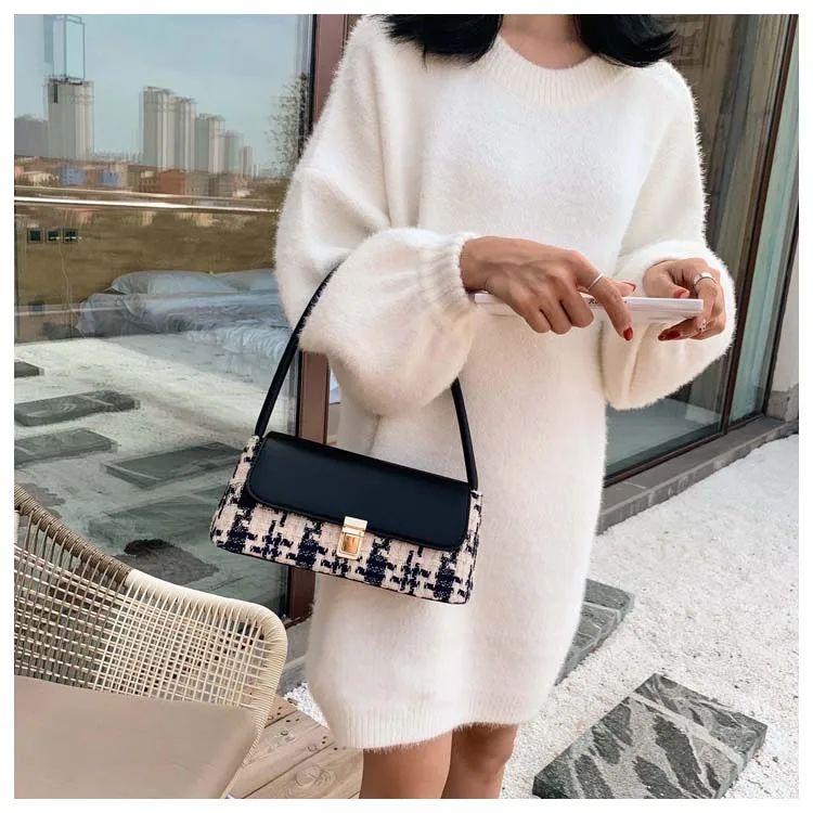 Winter Wool Plaid Small Shoulder Bag for Women Modern Handbags Mini Baguette Bags PU leather Lock Tote Black White Red Green Bag (7)