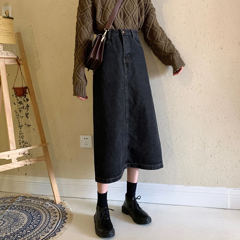 Women's Vintage High Waist Denim Skirt Autumn Winter New Korean Loose Wild A-line Mid-Calf Skirt Women's Long Skirt ML242