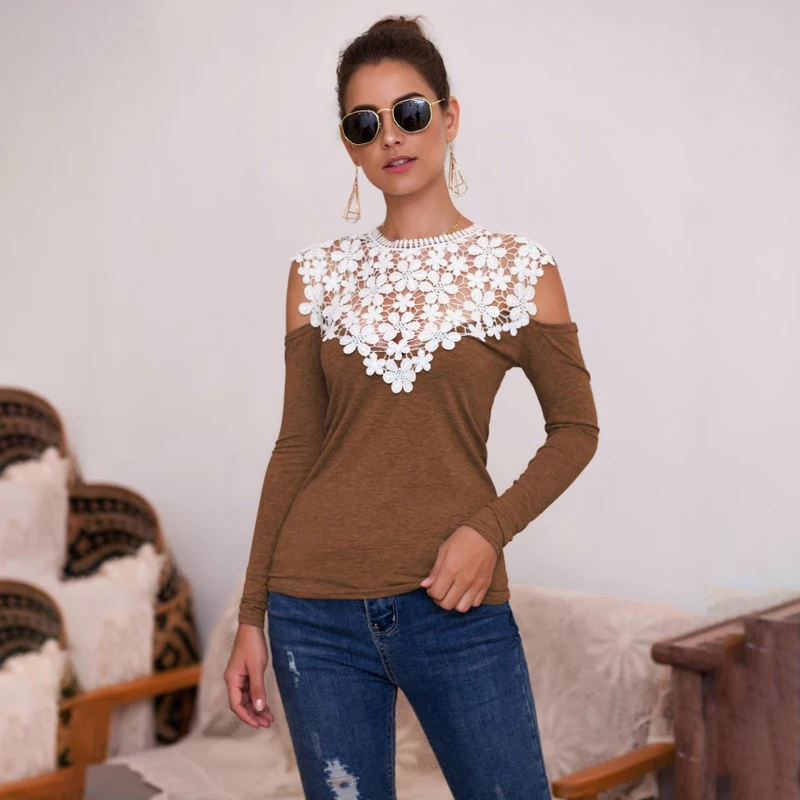 

Ladies Long Sleeve Spliced Cold Shoulder Tops Long Sleeve Pullover Sexy Shirts Slim Fit Fashion Tops