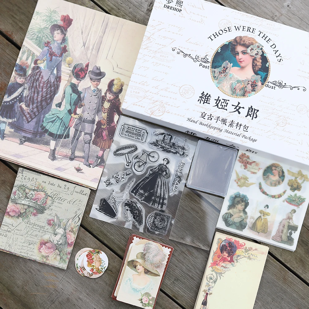 180Pcs/Box Vintage Junk Journal Material Paper Sticker Retro Character Planner Diary Bullet Scrapbooking Decor Acrylic Stamp Set