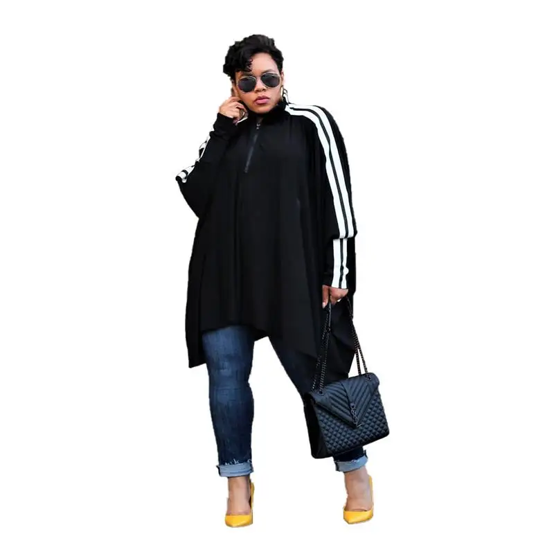 

2 Color Striped Patchwork Large Size Loose Women T-Shirt Long Sleeve O Neck Zippers Casual Lady Tees Fashion Streetwear LY5092G