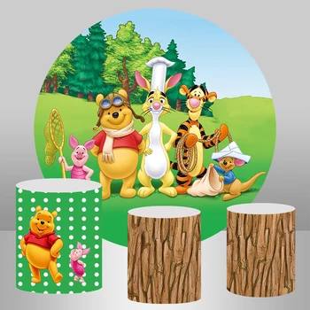 

Cartoon Winnie Bear Tiger Photography Background Custom Kids 1st Birthday Banner Cake table Baby Shower Circle Round Backdrop