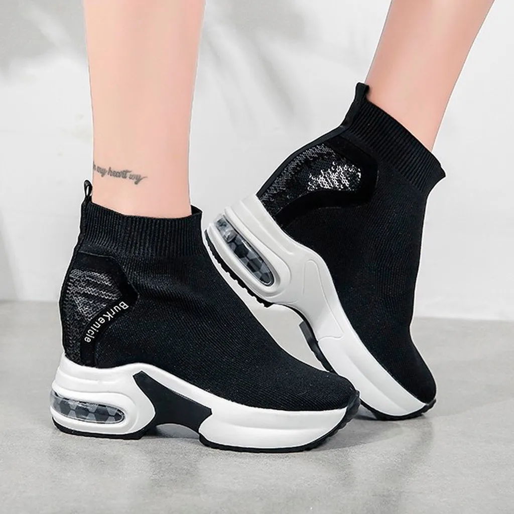 Women Boots High Top Fashion Ankle Boots Sneakers Upper Breathable Sock Shoes Thick Heel Thick Sole Platform Shoes Mujer Boots