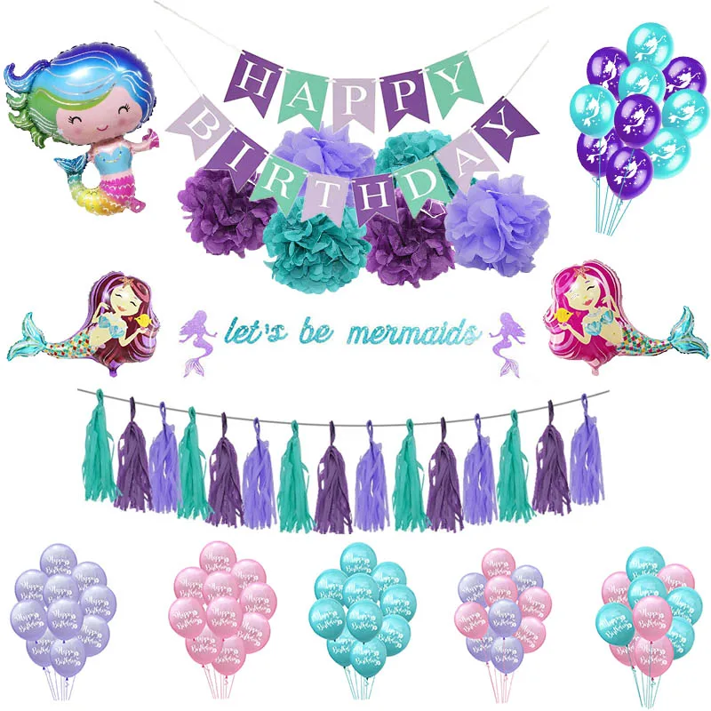 Тема русалки вечерние с днем рождения синий фиолетовый плакат с русалкой воздушные шары детского дня рождения, товары для свадьбы детский праздничный костюм украшения