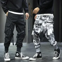 Мужские черные брюки-карго с карманами и лентами, размеры США, Харадзюку, спортивные штаны в стиле хип-хоп, камуфляжные мужские брюки DG522