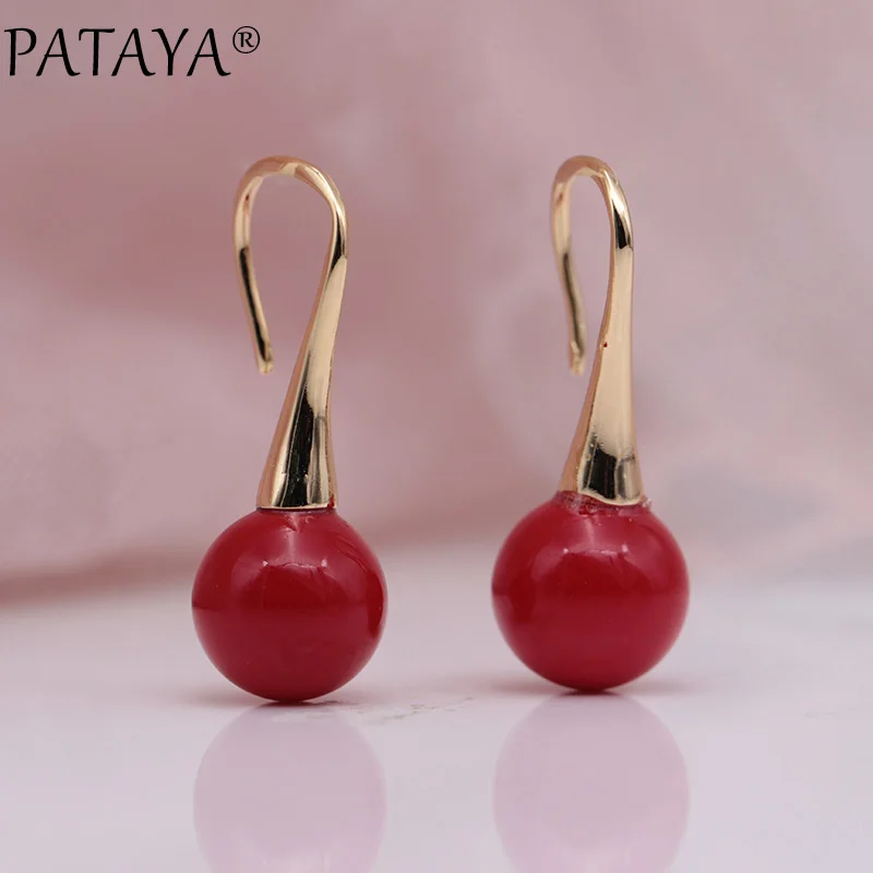 Coral red PATAYA новые длинные серьги с жемчугом двойного назначения, круглые висячие серьги 585, розовое золото, белый натуральный циркон, женские модные ювелирные изделия - Окраска металла: Coral red