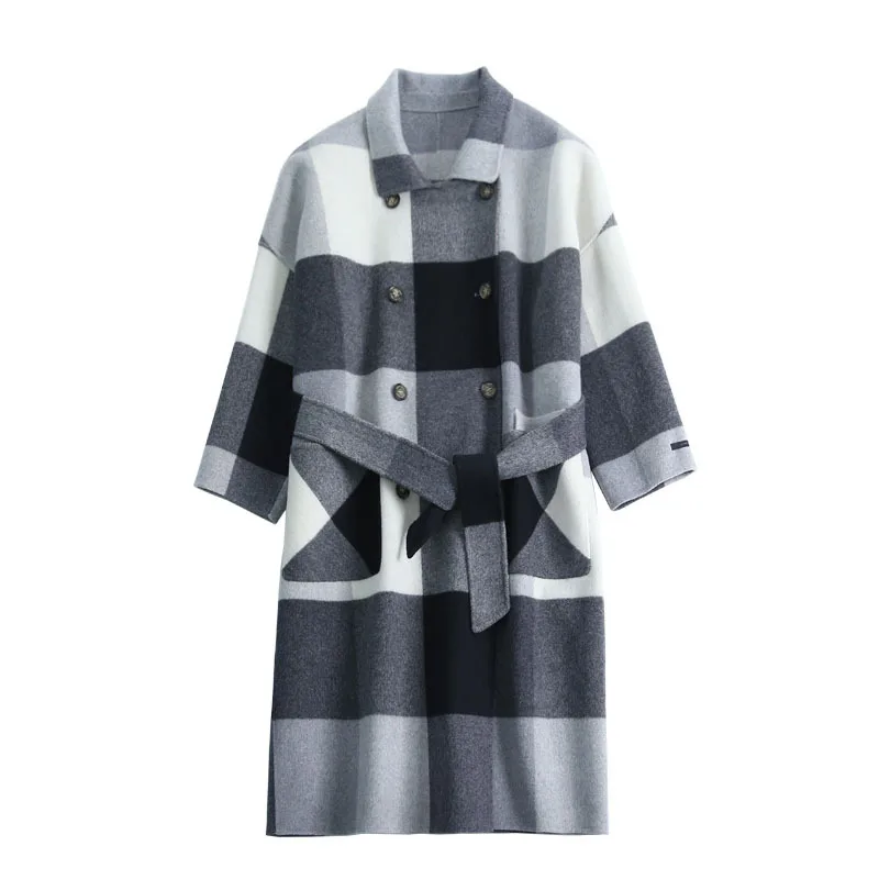

Women's handmade Korean version of the double-sided wool coat plaid sheep coat long paragraph loose cashmere coat