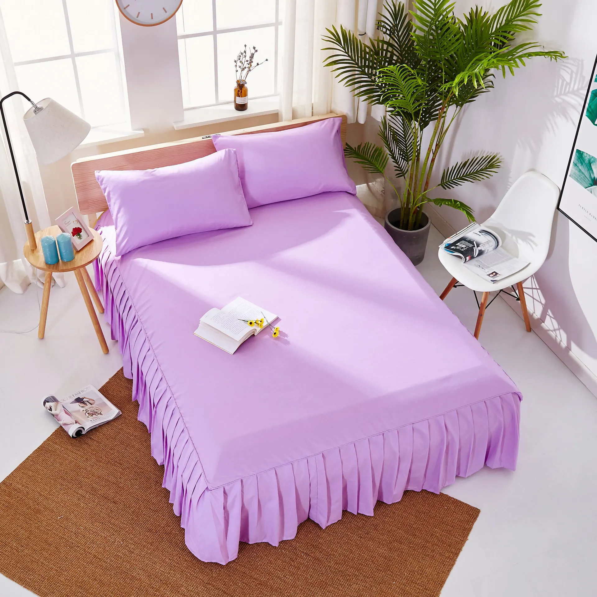 European Pure Color Bedspreads Bedskirt Bed Sheet Combined Bed Covers Super  Soft Colchas Queen King Size Corchas Para La Cama