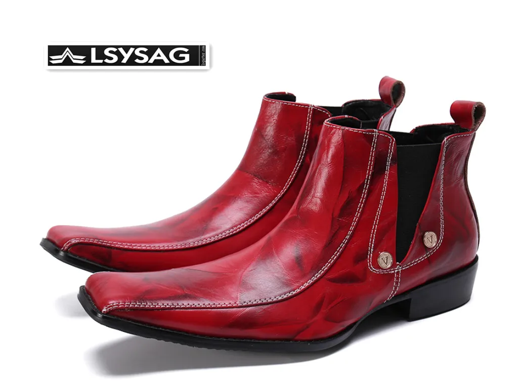 

New Fashion Genuine Leather Men Boots Red Square Toe Ankle Boots Party Dress Shoes Winter Men Cowboy Short Boots