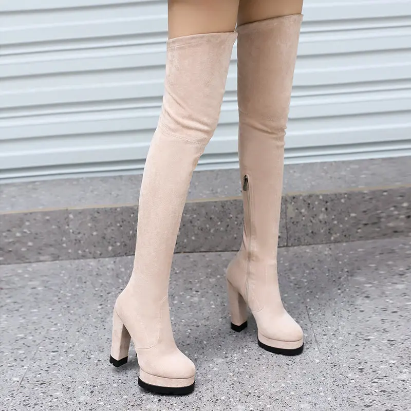 2021 Women Over the Knee Boots Platform Square High Heel Ladies Thigh Boots Faux Suede Side Zipper Round Toe Women's Boots Black 