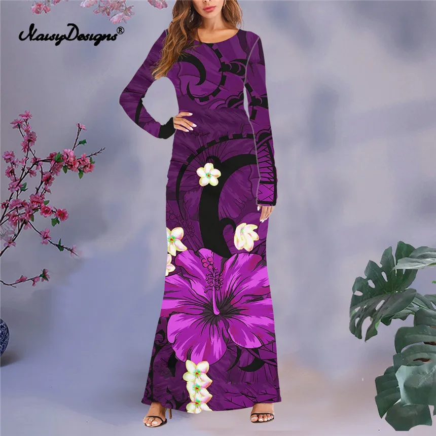 

Noisydesigns платья осень-зима 2021 в пол фиолетовый цветочный принт Гибискус вечернее платье для выпускного вечера 2021 года большой размер 4XL 3XL