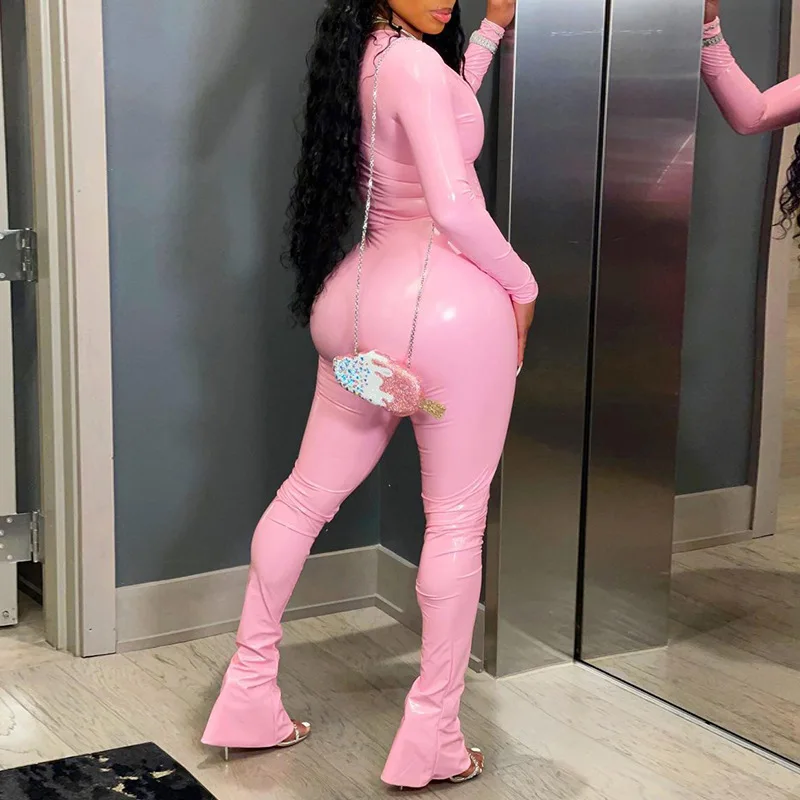 OMSJ Hot Sexy Fur Leather Club Outfits Female Two Pieces Matching Set U Neck Long Sleeve Tops+Tight Boot Cut Pant Streetwear Y2K 4
