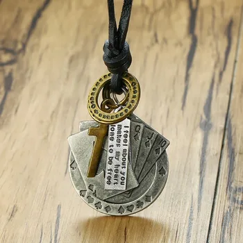 

Vnox Lucky Fortune Vintage Men's Leather Rope Necklace Playing Cards Raja Vegas Charm Male Cross Jewelry