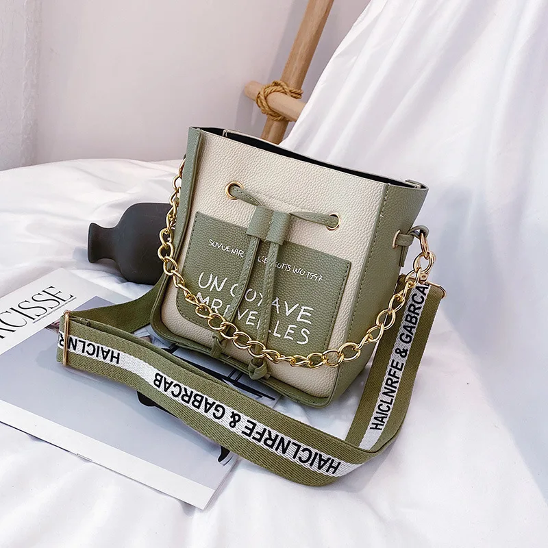 

Textured Bag Women's 2019 Autumn And Winter New Style Korean-style-Style Contrast Color Bucket Bag Versatile Wide Strap Shoulder