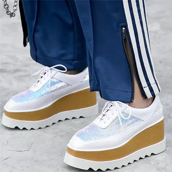 

Fashion Sneakers Women Shiny Glitter Wedges High Heel Ankle Boots Female Lace Up Square Toe Platform Pumps Shoes Casual Shoes