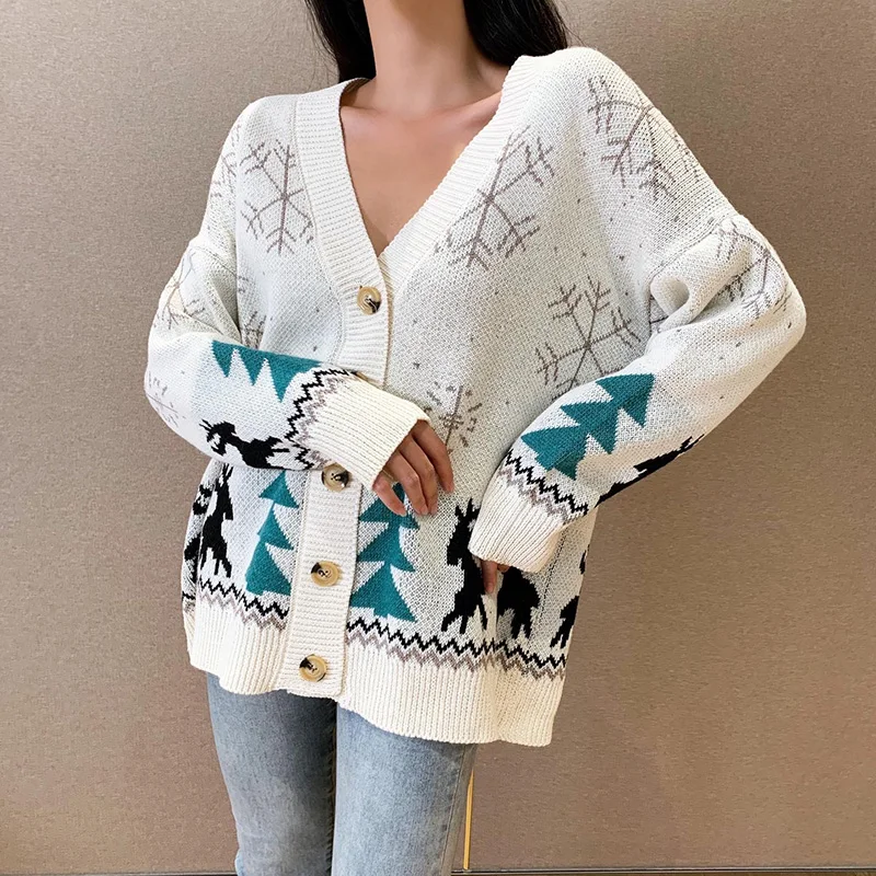 

Women Knitted Cardigan Christmas Clothes Autumn Cartoon Elk Snowflake Print V-Neck Long-Sleeves Button Opening Knitwear Cardigan