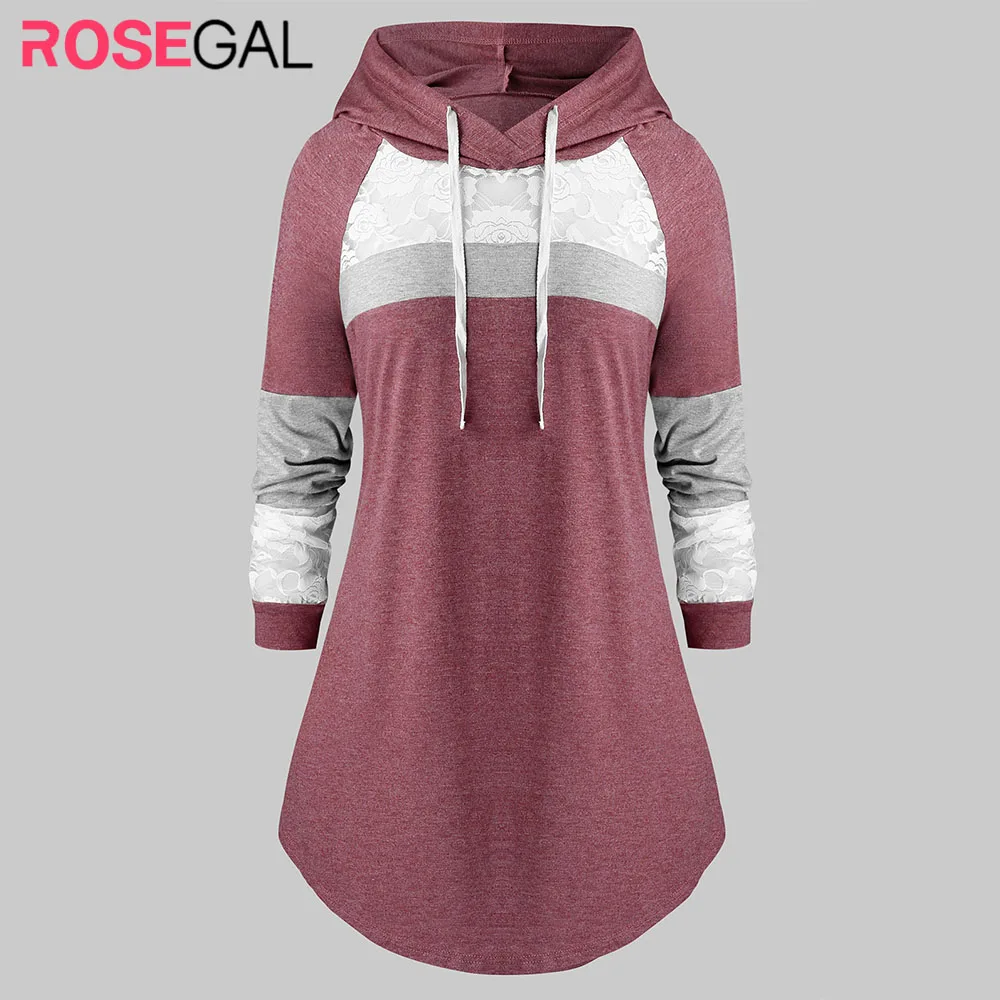 ROSEGAL размера плюс, женский топ с капюшоном и длинным рукавом, кружевная панель, цветная, изогнутая туника, футболка с капюшоном, толстовка, пуловер, топы