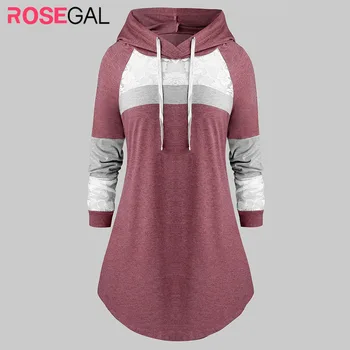 

ROSEGAL Plus Size Women Hooded Long Sleeve Top Lace Panel Colorblock Curved Tunic Tee Drawstring Hoodie Sweatshirt Pullover Tops