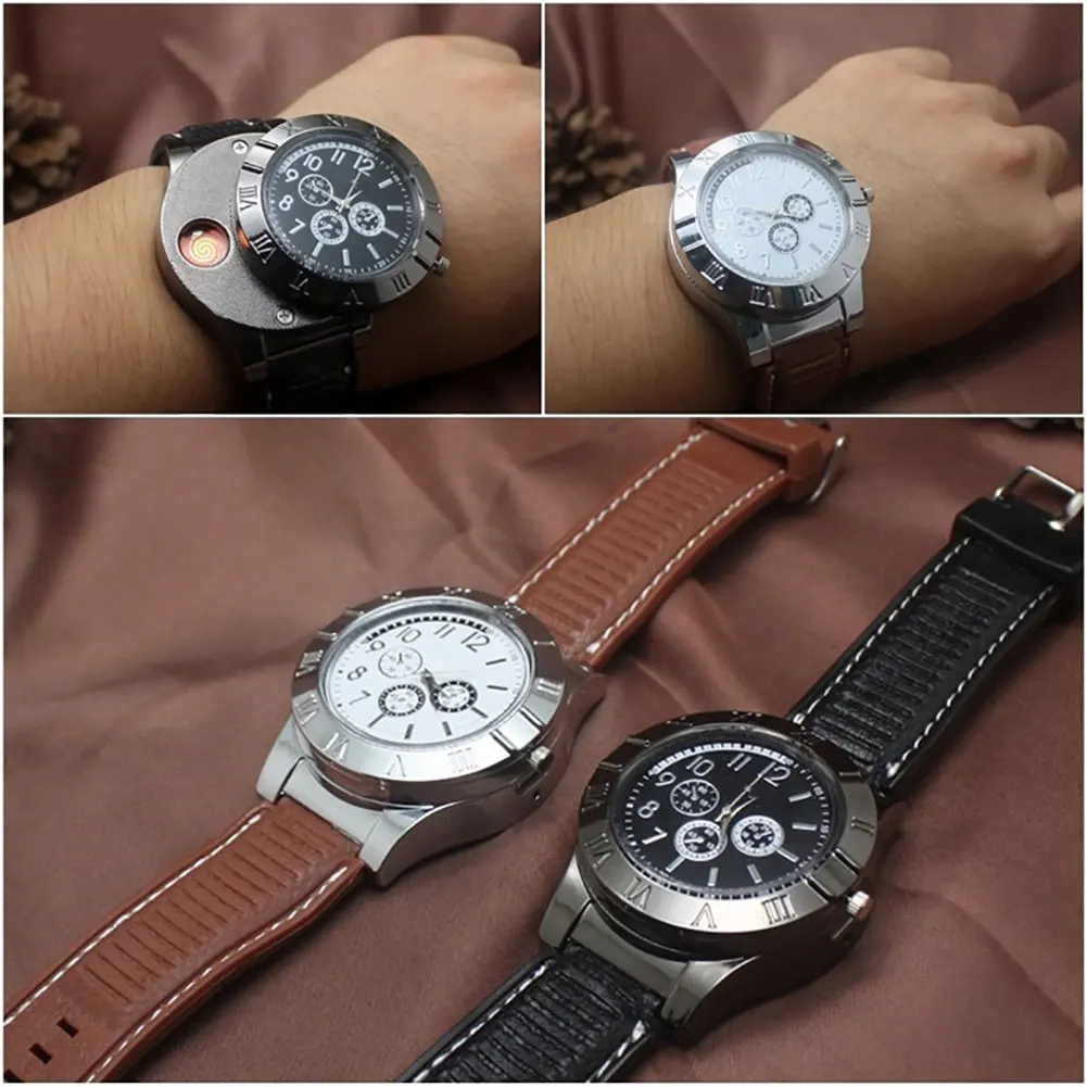 Fashion Outdoor USB Rechargeable Windproof Flameless Wrist Watch Lighter Gift