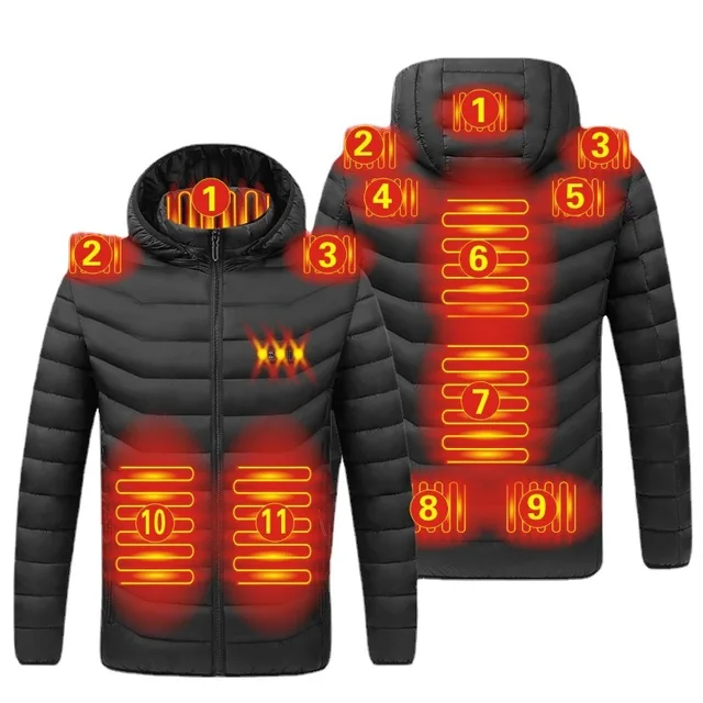 2021 NWE Men Winter Warm USB Heating Jackets Smart Thermostat Pure Color Hooded Heated Clothing Waterproof  Warm Jackets 11 Heated Black