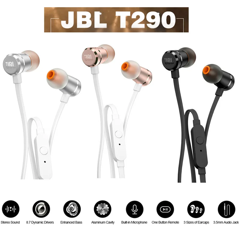 Wholesale 5pcs lot Original JBL T290 In Ear Wired Stereo Headphones Sports Aluminum Earphones Pure Bass Headset With Microphone