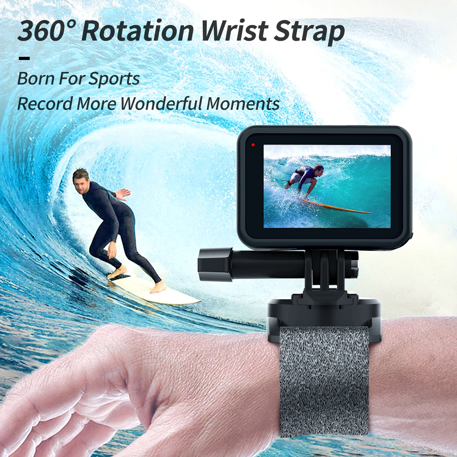 Dragonne rotative 360° TELESIN enroulée autour du poignet, prête à sécuriser une GoPro Hero ou Osmo Action