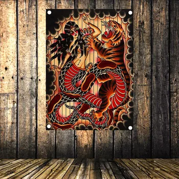

Vintage Tattoo Poster Flag Banner Four-hole Tapestry Canvas Art Cloth Painting Bar Coffee Barber Shop Bedroom Home Decoration