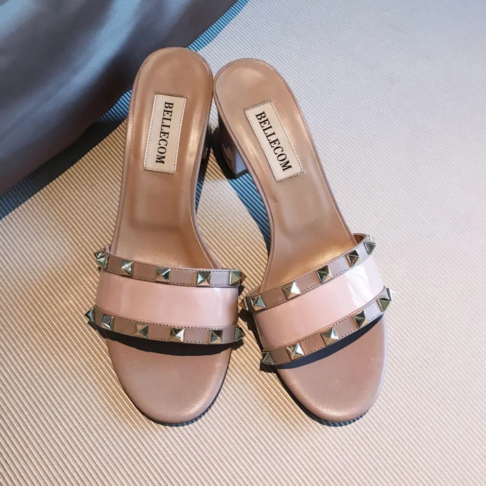 

BELLECOM Summer 2019 new leather slippers thick heels high heels high heels rivet women's shoes sandals outdoor leisure