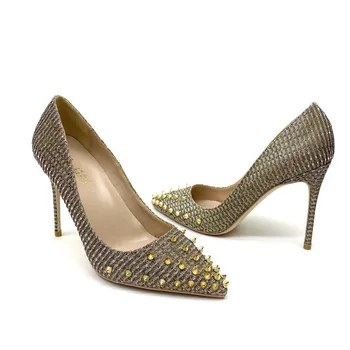 

2020 new champagne color rivet high heels 12CM pointed toe stiletto pumps banquet high heels women shoes