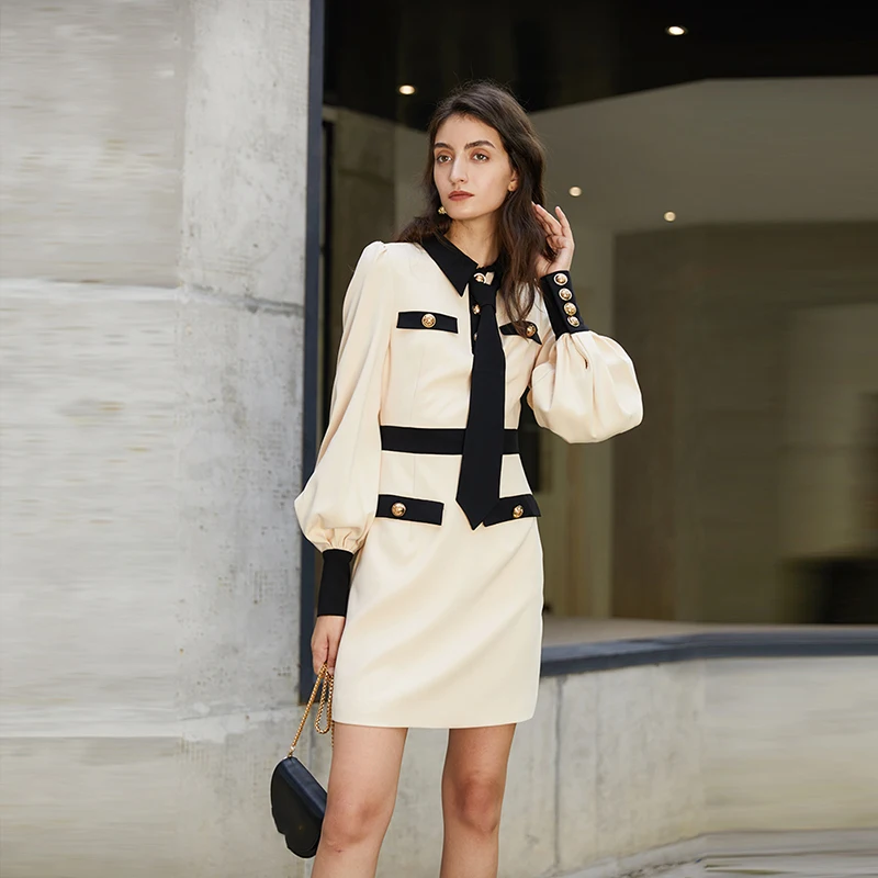[EAM] Women Apricot Button Split Temperament Dress