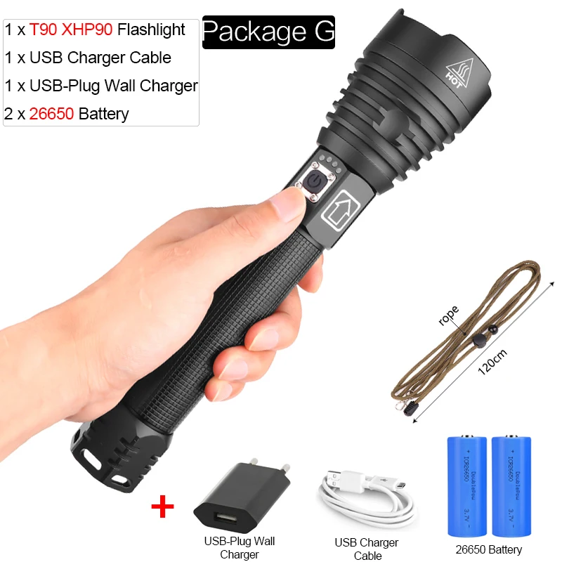 Package G XHP90 светодиодный фонарик X-Lamp заряжаемый через интерфейс USB фонарь XHP70.2 тактический фонарь Zoom светодиодный фонарик, водонепроницаемый фонарик с 18650 - Испускаемый цвет: Package G